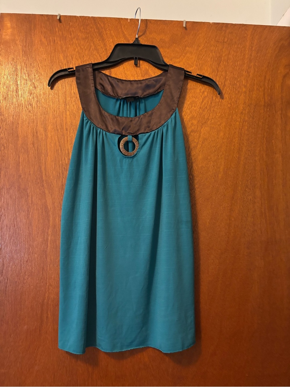 Sleeveless Teal Halter Top with Brown Trim